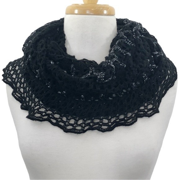 Black Open Knit Crochet Loop Winter Infinity Scarf - Picture 1 of 7